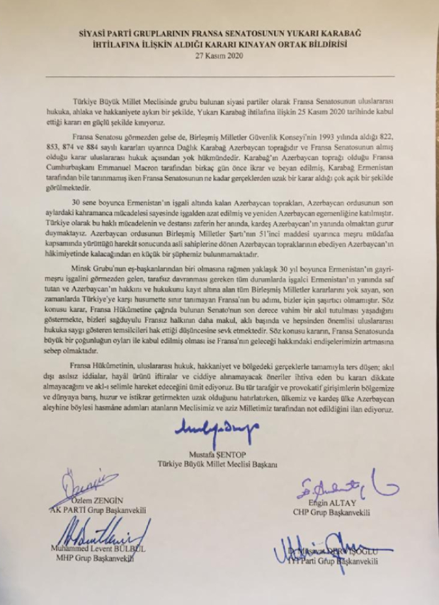 4 partiden Fransa Senatosu’na kınama